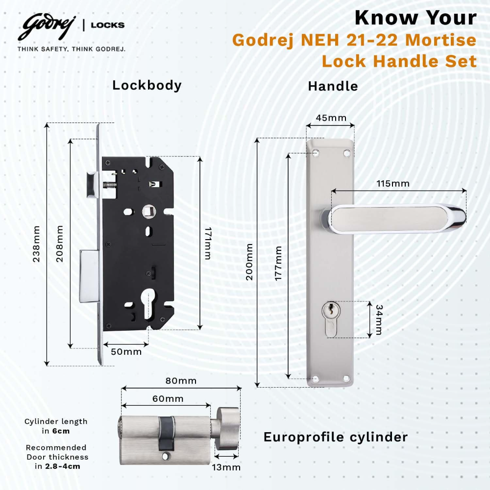 Godrej Mortise Lock|Handle Lock Set for Main & Internal Door of Home & Offices|NEH 21|Satin Steel Finish|10 inch Lockbody|60 mm Cylinder Key from Outside knob from Inside with 3 Keys|5 Years Warranty
